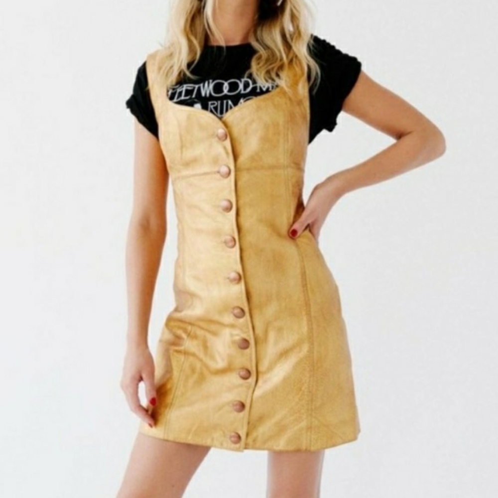 FREE PEOPLE Leather Metallic Gold Mini Dress Holiday Party New Years Eve Sz.4 - Picture 10 of 15